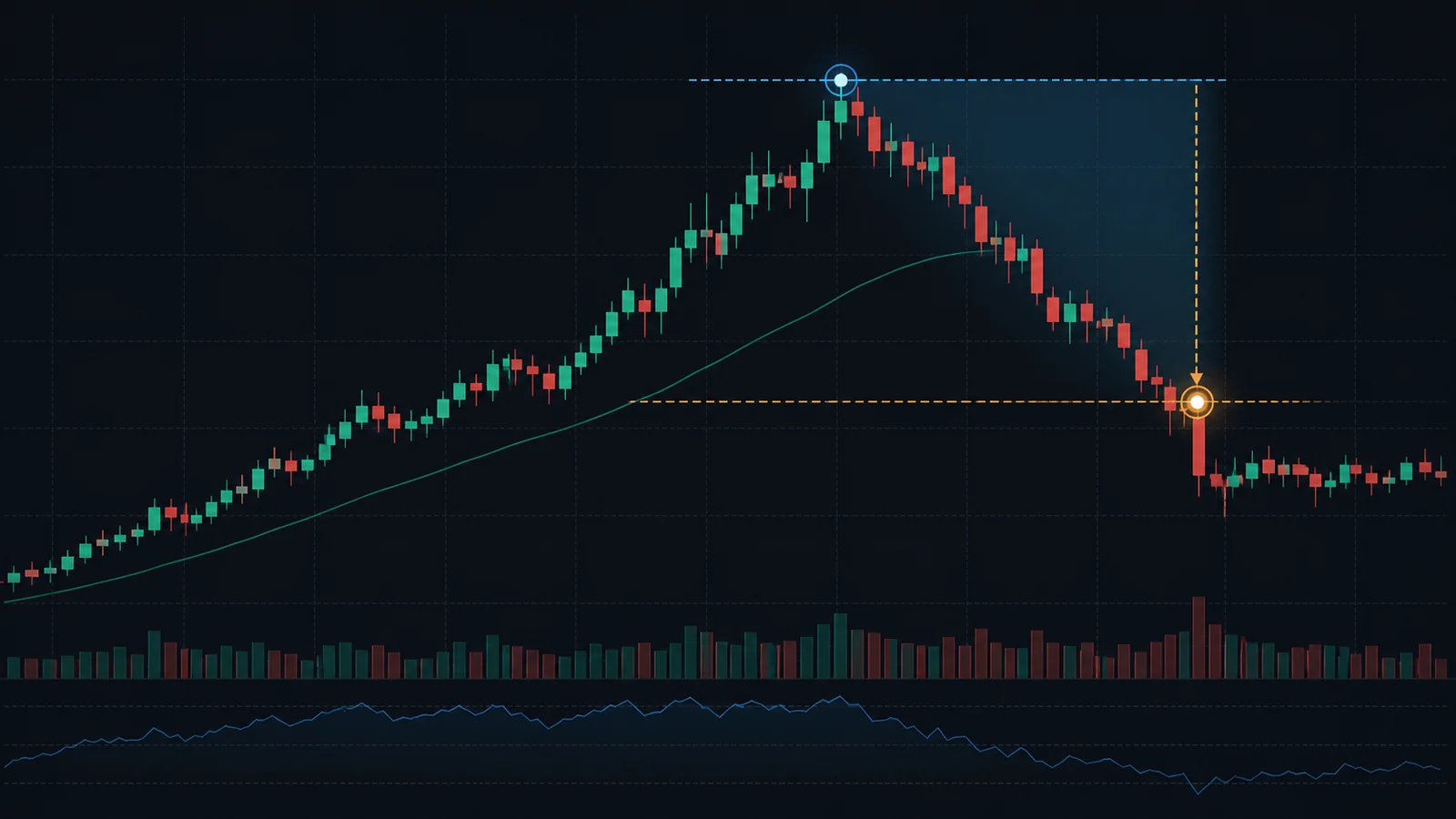 虚构的 ETF K 线先上涨至近期高点，随后回撤并在趋势破坏位置触发退出标记